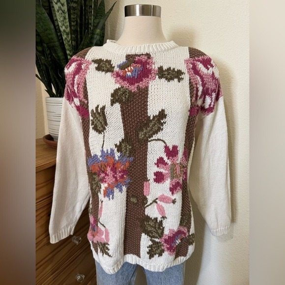 Vintage Sweaters - Vintage 80s‎ Floral Chunky Knit Sweater Shoulder Pads Ramie Cotton Blend Large